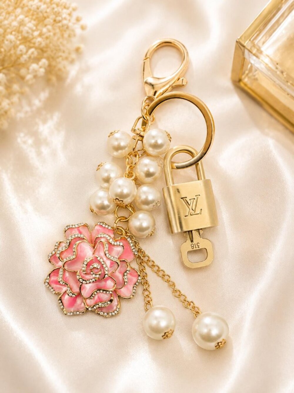 LV Gold Padlock 🔑 Authentic Louis Vuitton Charm + Unbranded Flower Keychain